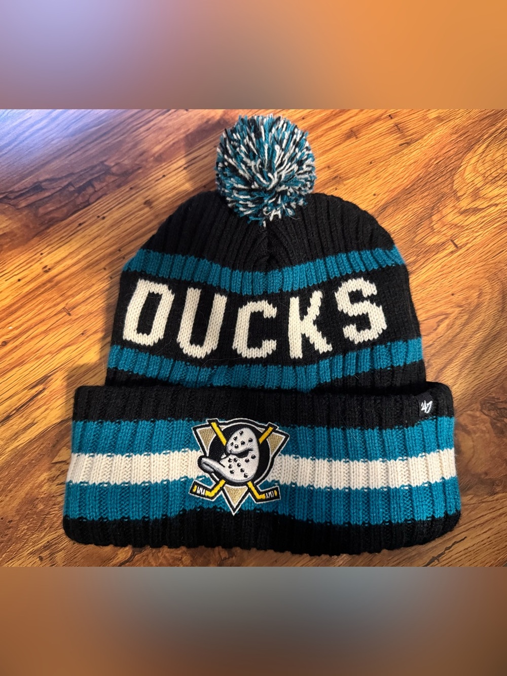 47 Brand Ducks Striped Pom Beanie Hat in Teal, Black & White